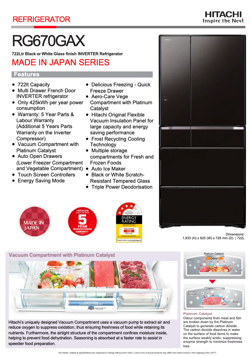 Page 1 de la notice Fiche technique Hitachi R-G670GAX