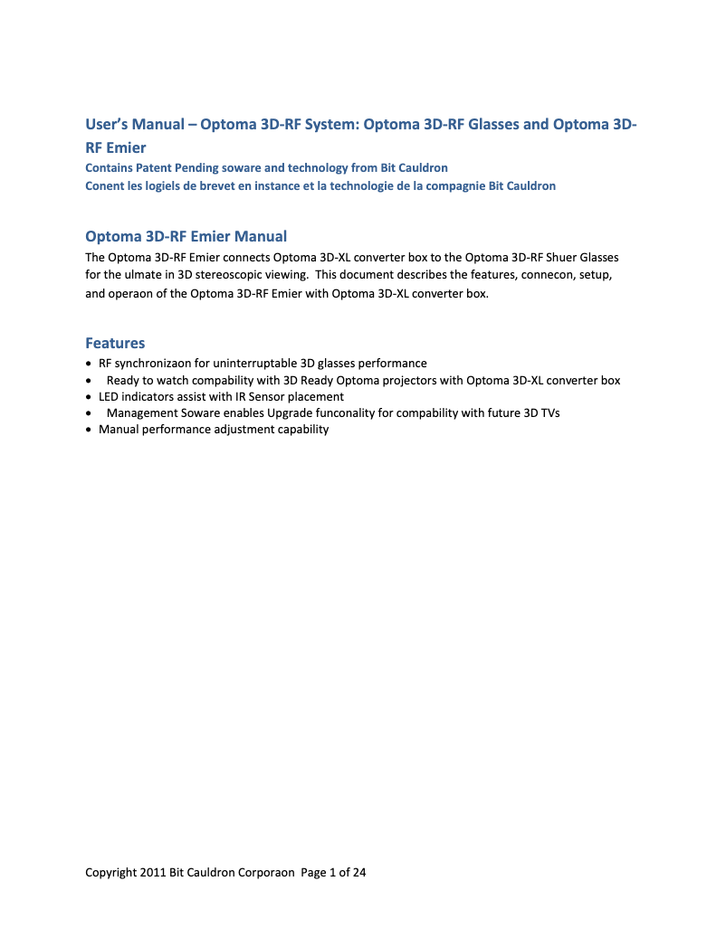 Page n°1 - Manuel utilisateur Optoma 3D-RF Glasses