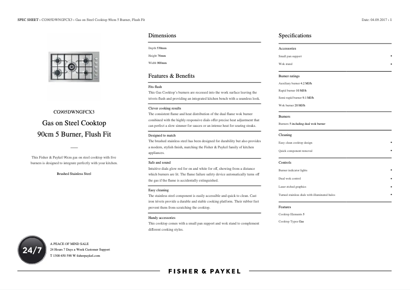 Page n°1 - Fiche technique Fisher & Paykel CG905DWNGFCX3