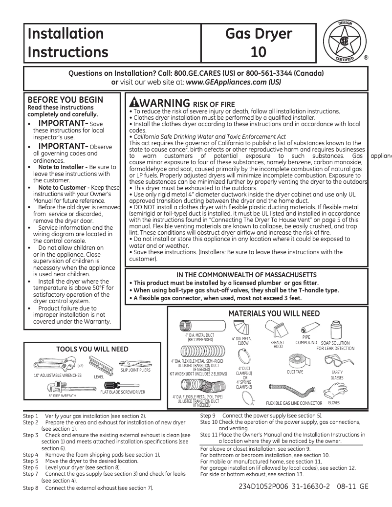 Page n°1 - Guide d'installation GE GFDS150GDWW