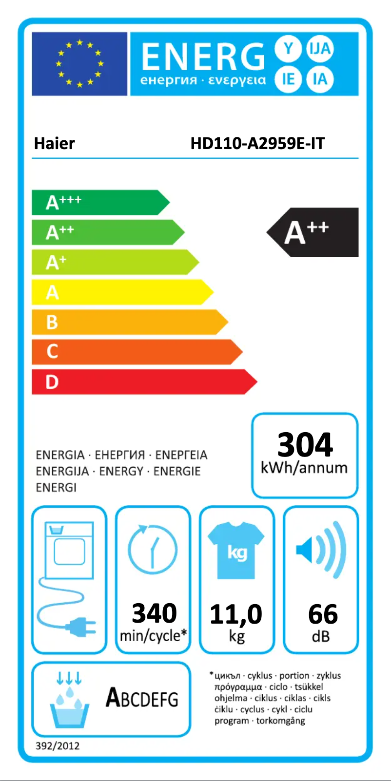 Page 1 de la notice Label énergétique Haier HD11-A2959