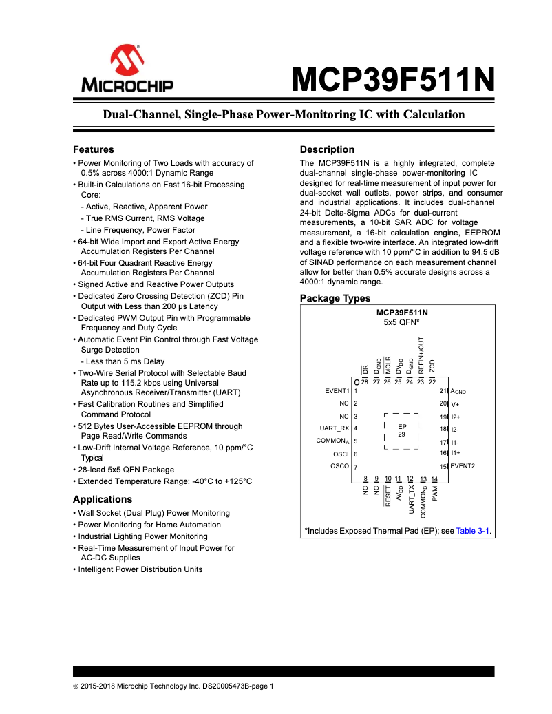 Page 1 de la notice Fiche technique Microchip MCP39F511N