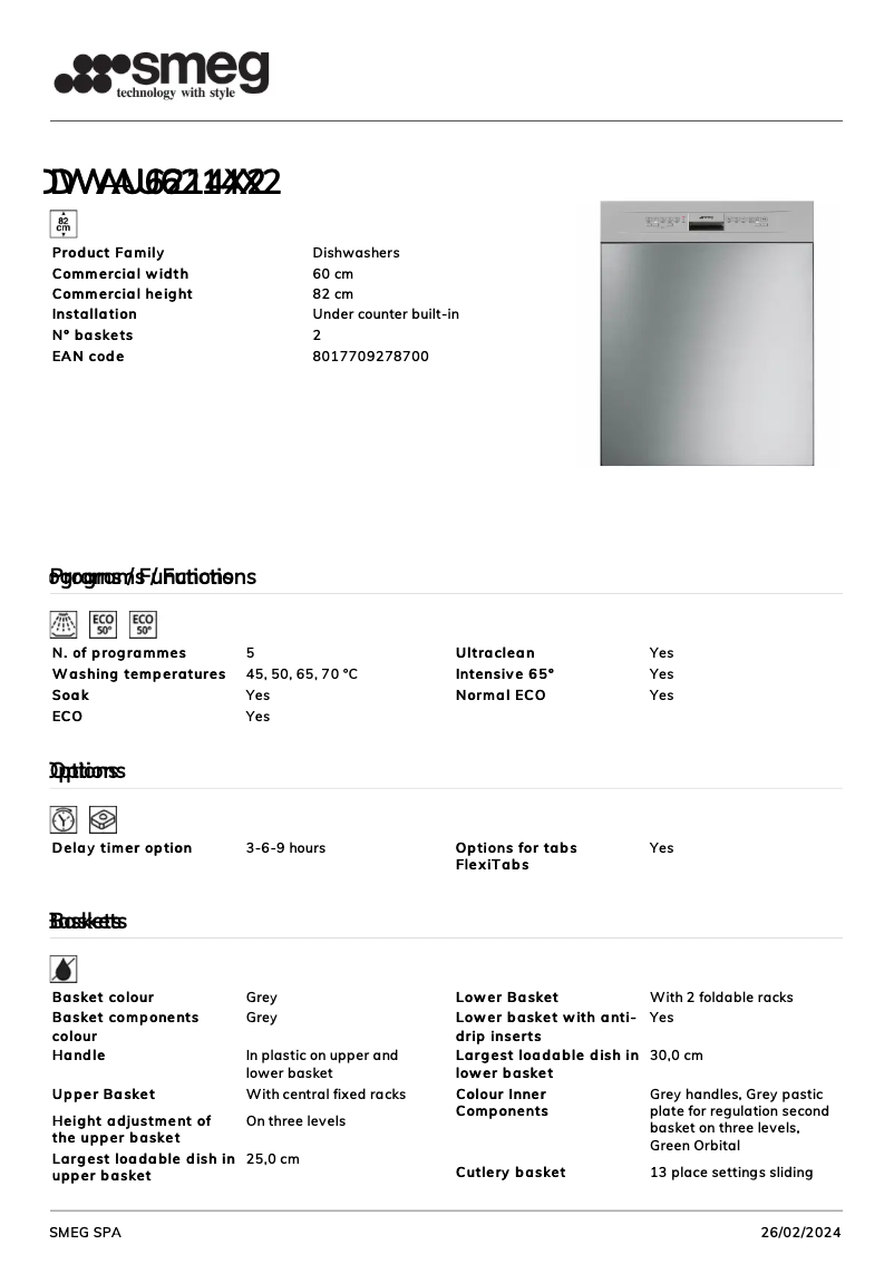 Page 1 de la notice Fiche technique Smeg DWAU6214X2