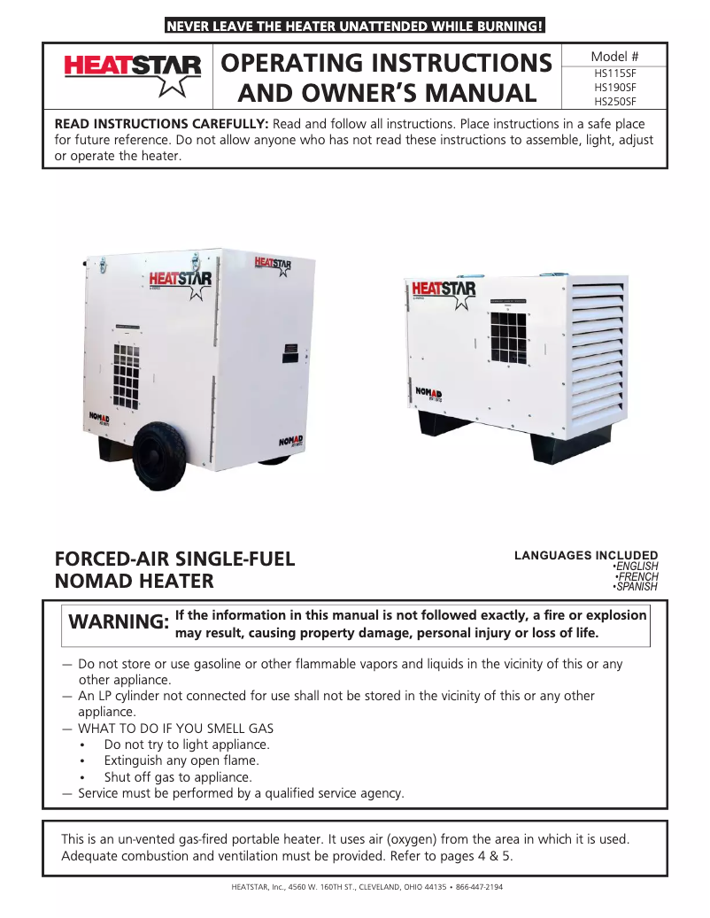 Page 1 de la notice Manuel utilisateur HeatStar Nomad HS250SF