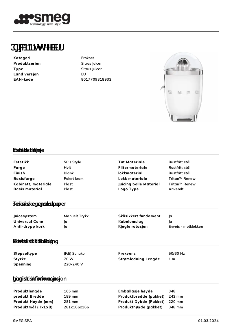 Page 1 de la notice Fiche technique Smeg CJF11