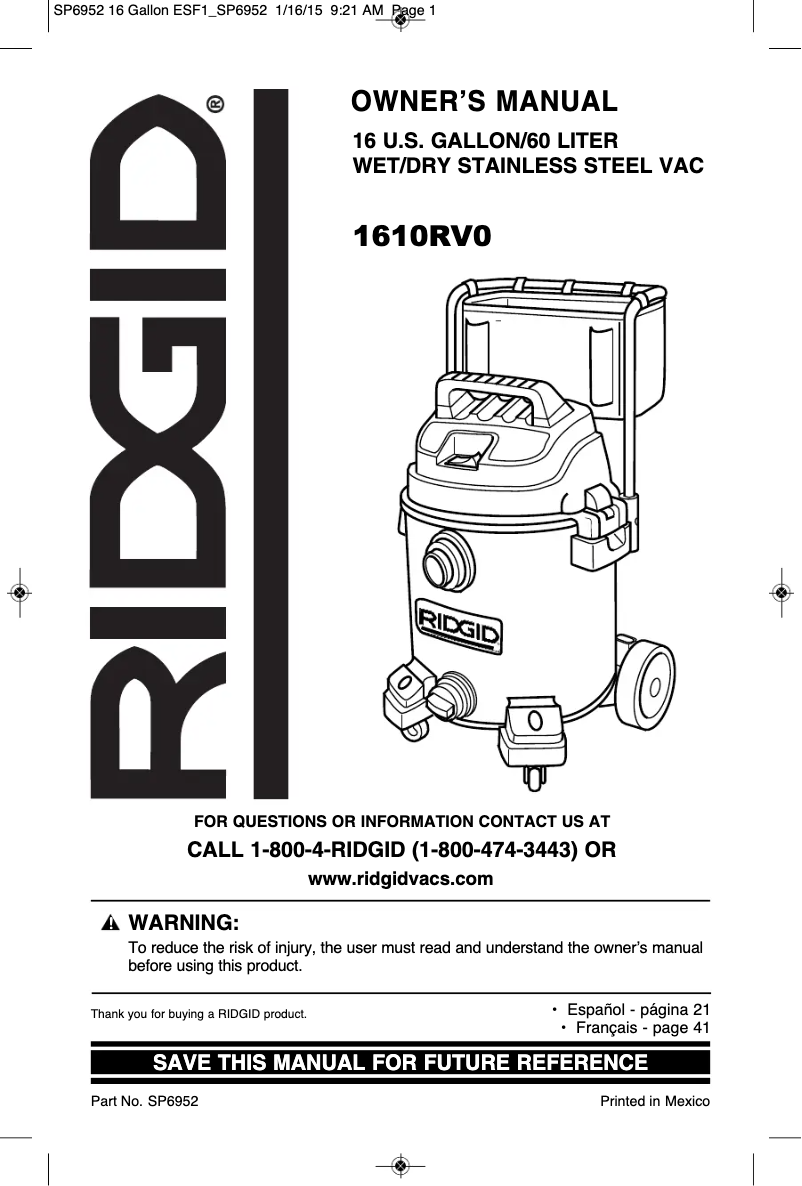 Page 1 de la notice Manuel utilisateur Ridgid 1610RV