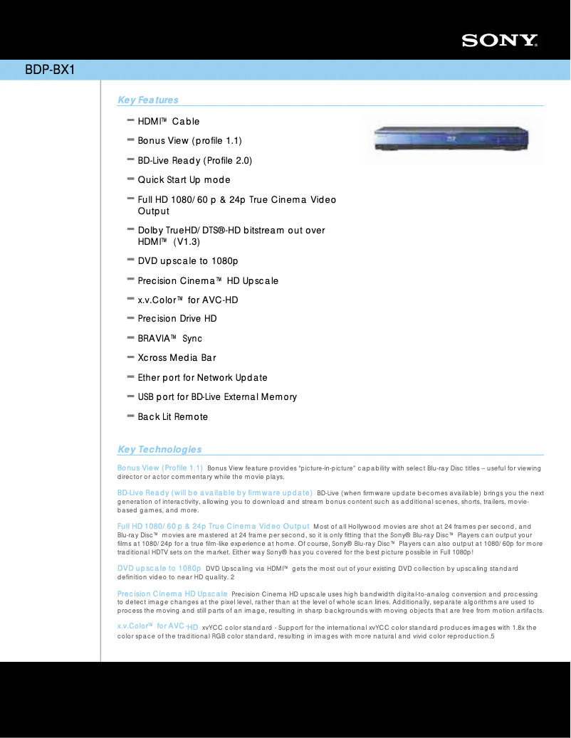 Página 1 del manual Ficha técnica Sony BDP-S350