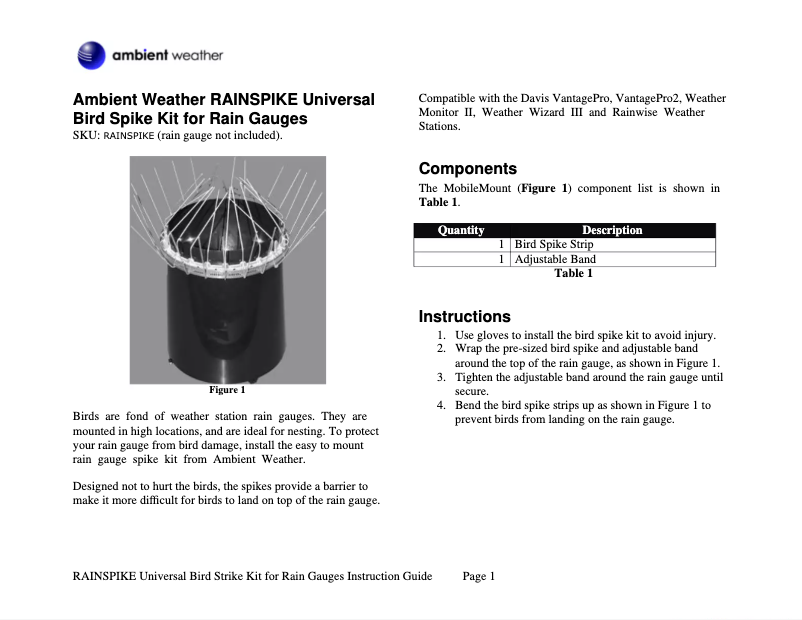 Page 1 de la notice Manuel utilisateur Ambient Weather RAINSPIKE