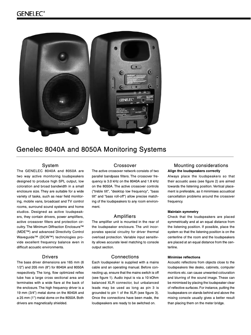 Page 1 de la notice Manuel utilisateur Genelec 8040A