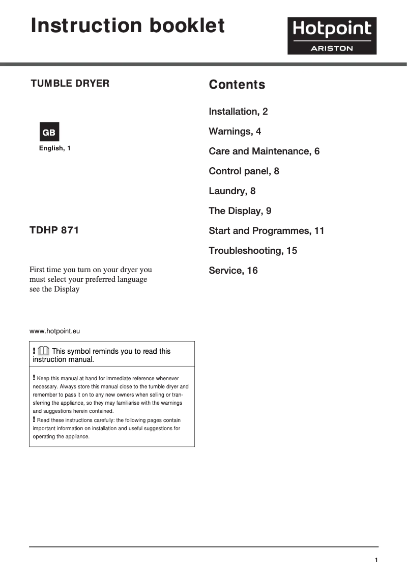 Page 1 de la notice Manuel utilisateur Hotpoint Ariston TDHP 871 RP (UK)