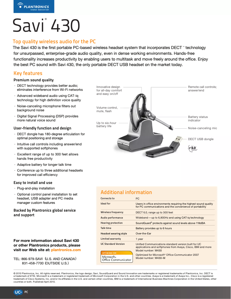 Image de la première page du manuel de l'appareil Savi W430