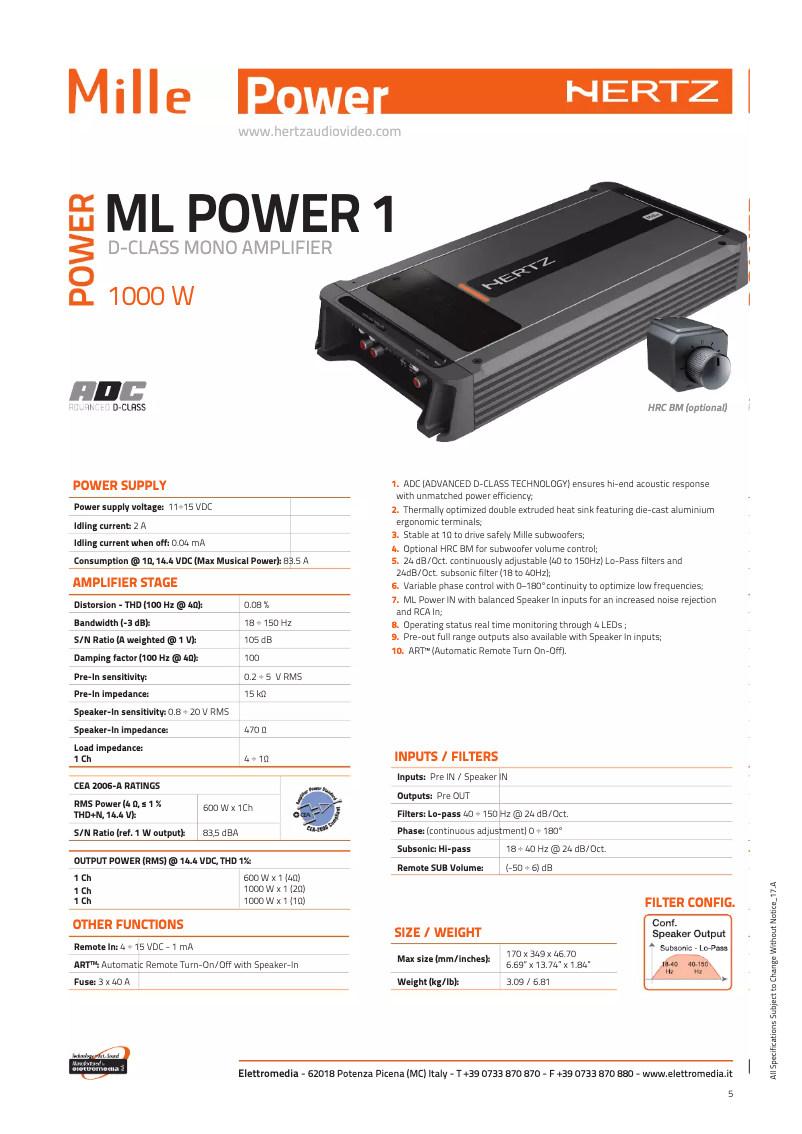 Page n°1 - Fiche technique Hertz ML Power 1