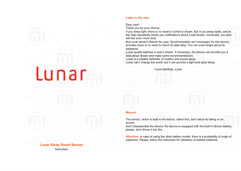 Page n°1 - Manuel utilisateur Xiaomi Lunar Smart Sleep Sensor