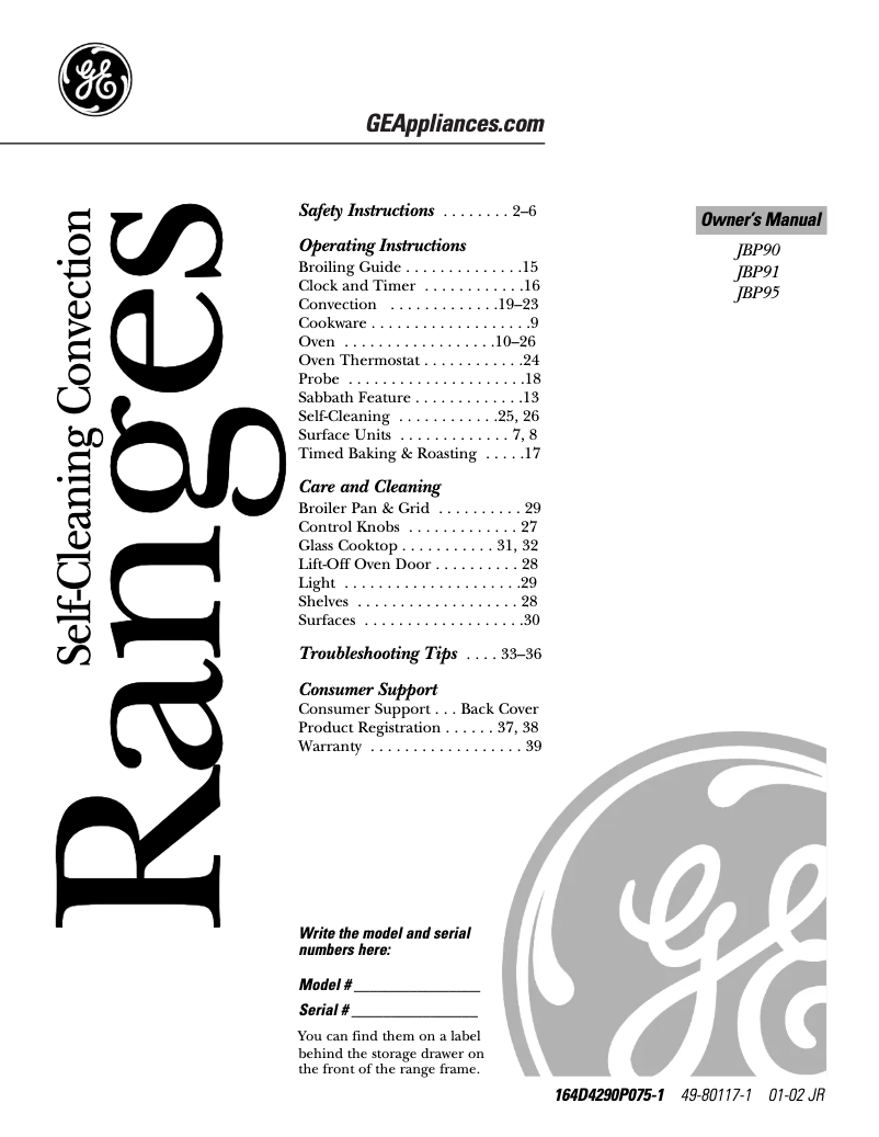Page 1 of the manual Use and Maintenance Manual GE Profile JBP90TFWW