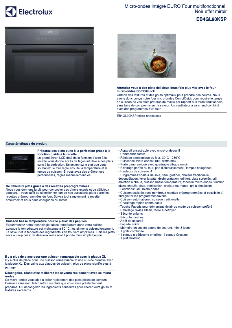 Page 1 de la notice Fiche technique Electrolux EB4GL90KSP