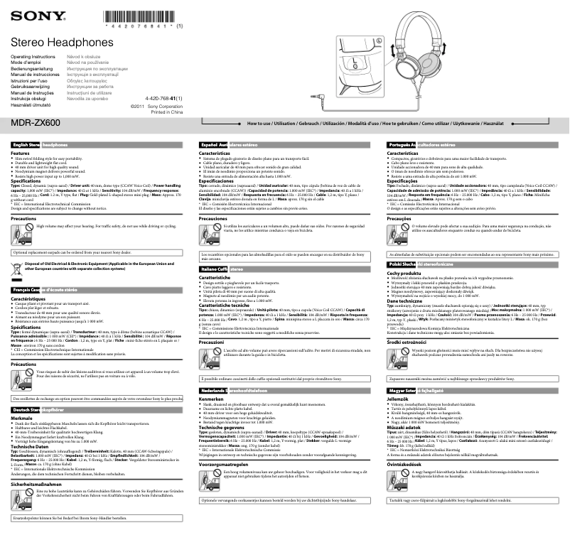 Page 1 de la notice Manuel utilisateur Sony MDR-ZX600