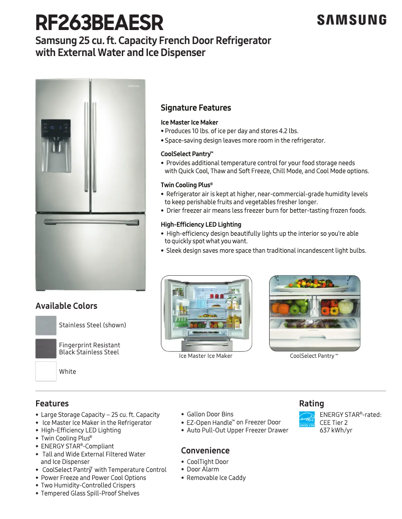 Page 1 de la notice Fiche technique Samsung RF263BEAE