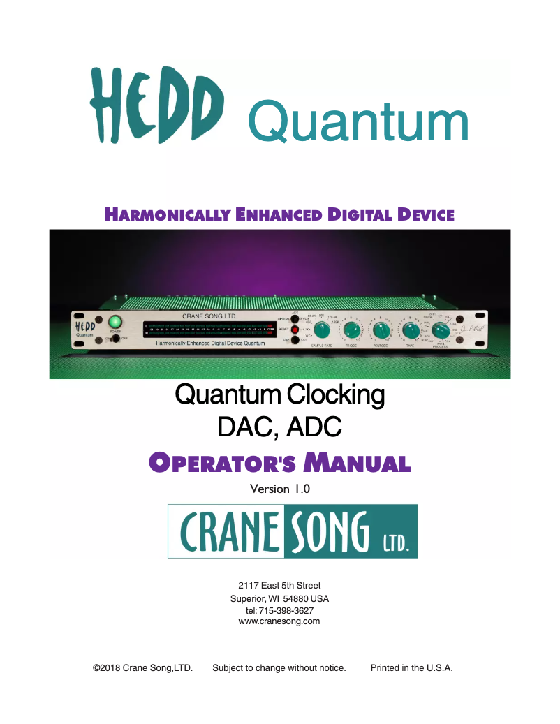 Page n°1 - Manuel utilisateur Crane Song HEDD Quantum