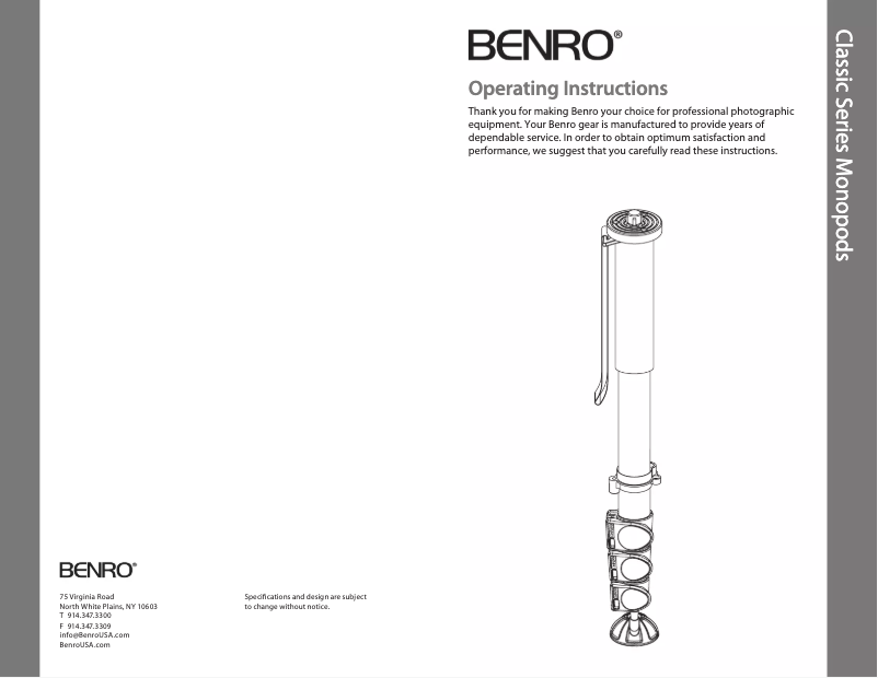 Page 1 de la notice Manuel utilisateur Benro Adventure Monopod MAD38A