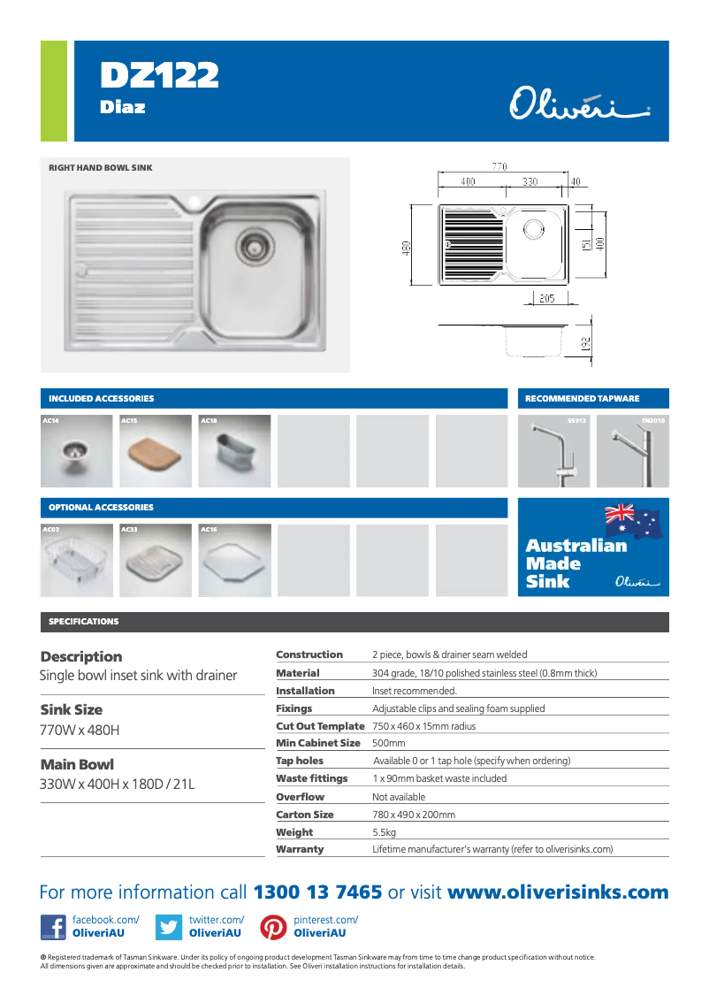 Página 1 del manual Ficha técnica Oliveri DZ122