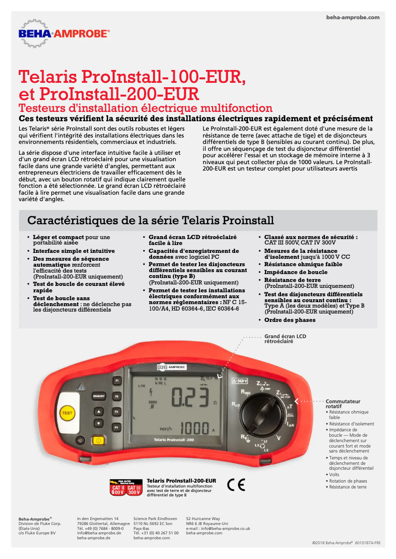 Page 1 de la notice Fiche technique Beha-Amprobe ProInstall-200-EUR