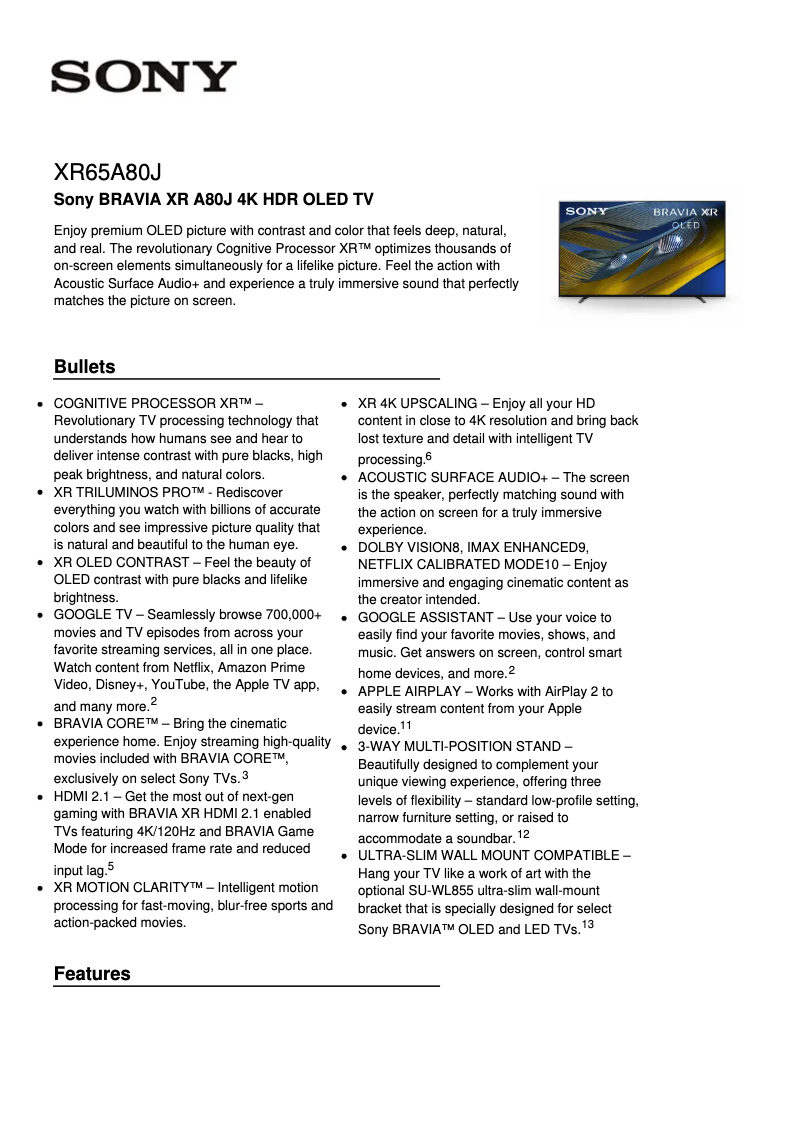 Page 1 de la notice Fiche technique Sony XR-65A80J