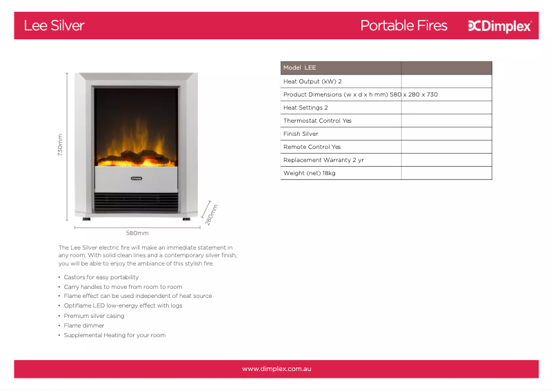 Page 1 de la notice Fiche technique Dimplex LEE