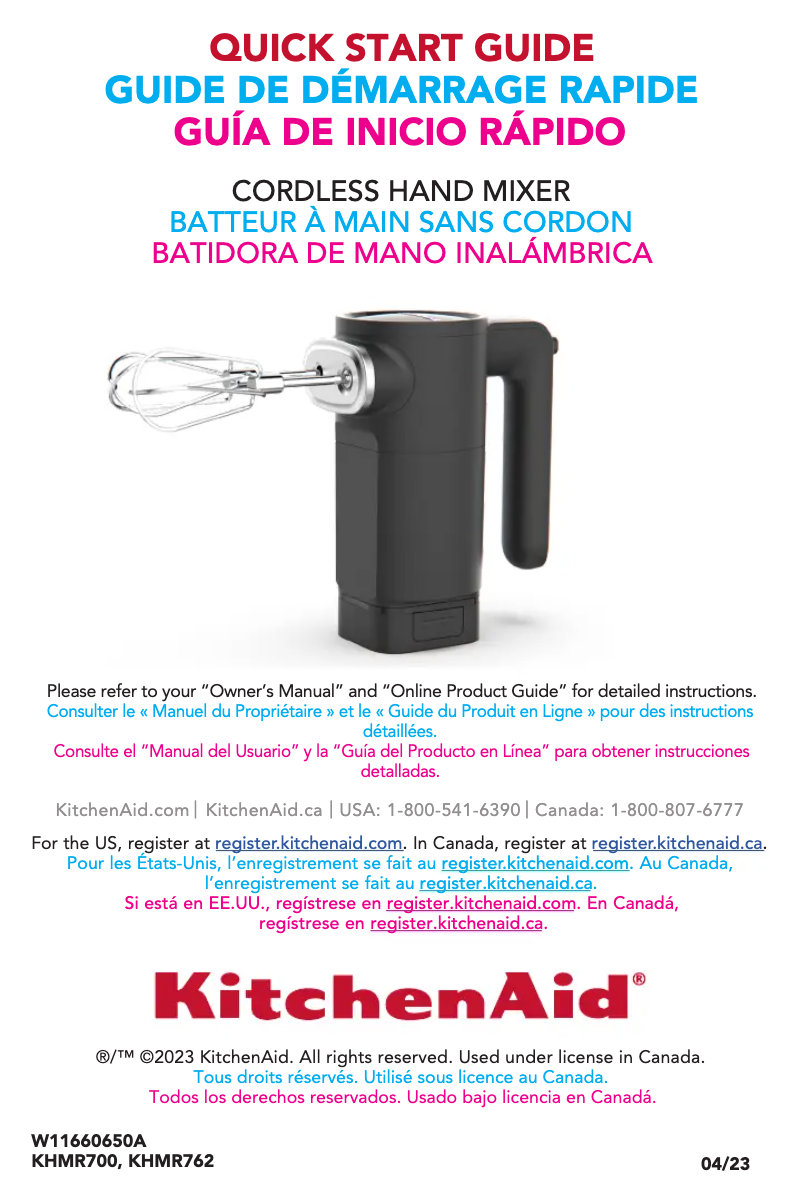 Page 1 de la notice Guide de démarrage rapide KitchenAid KHMR700