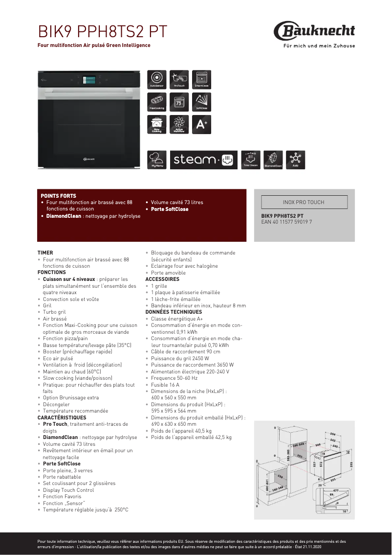 Page 1 de la notice Fiche technique Bauknecht BIK9 PPH8TS2 PT