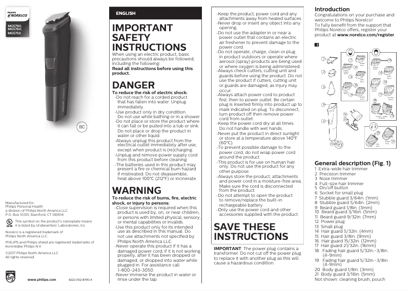 Page 1 de la notice Manuel utilisateur Philips Norelco Multigroom 5000 MG5750