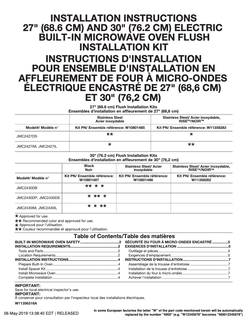 Page n°1 - Instructions / montage JennAir JMC2427IM