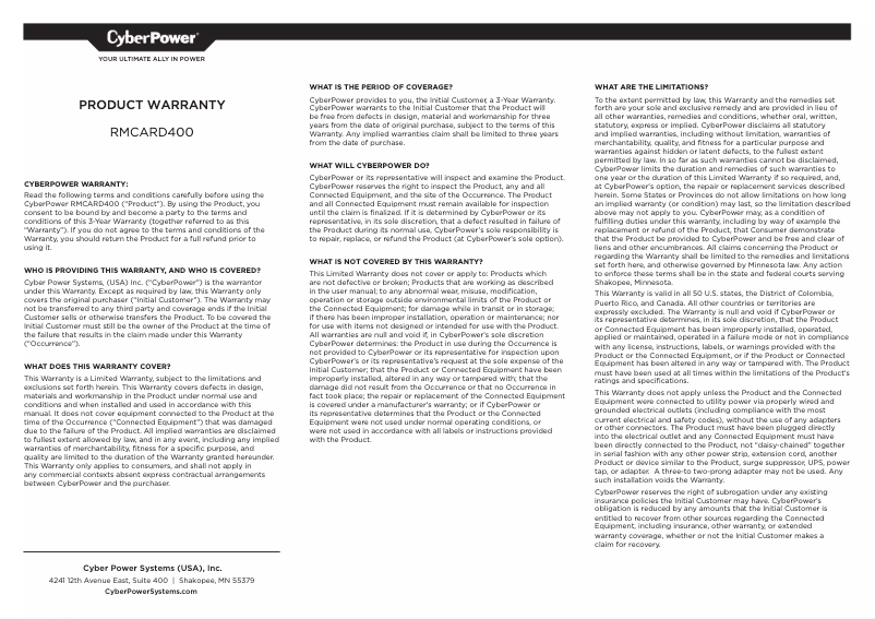 Página 1 del manual Información de garantía CyberPower RMCARD400