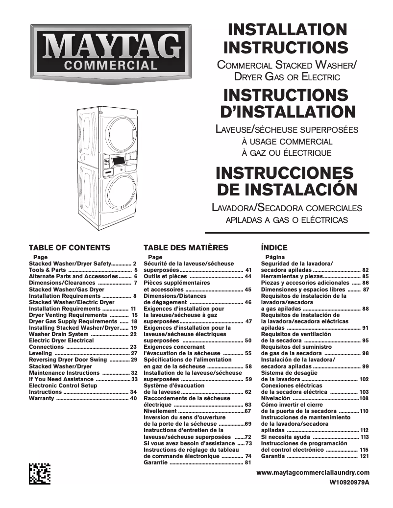 Page n°1 - Guide d'installation Maytag MLE22PDAYW