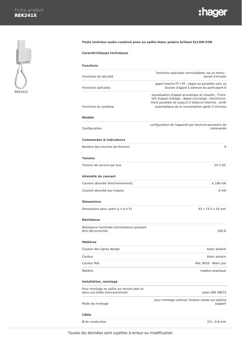 Página 1 del manual Ficha técnica Elcom REK241X
