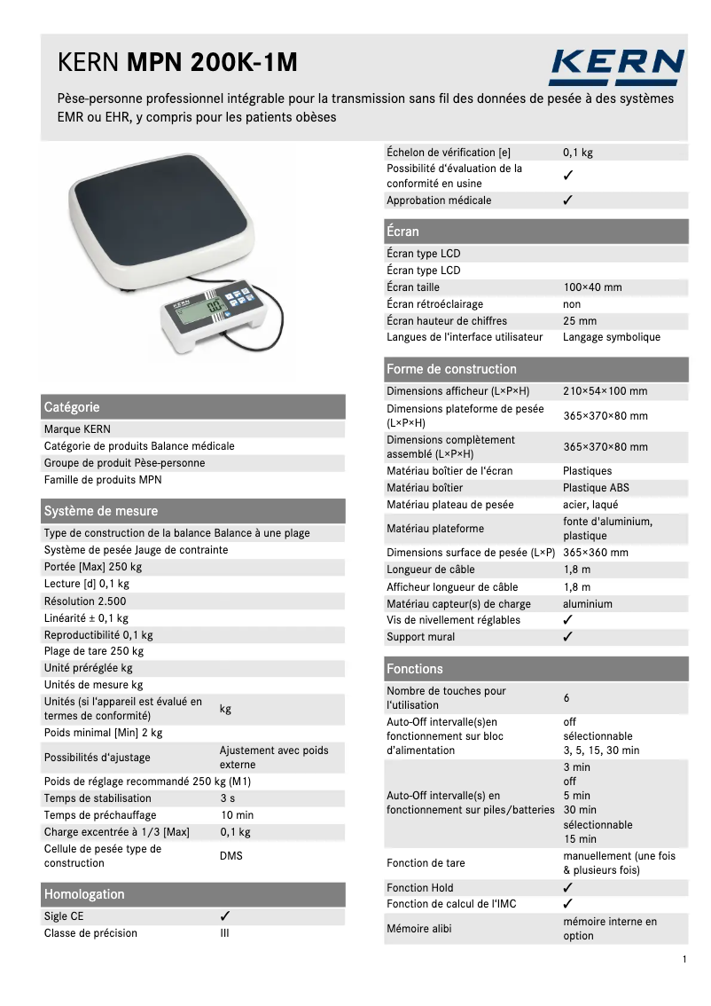 Page 1 de la notice Fiche technique Kern TMPN 200K-1M-A