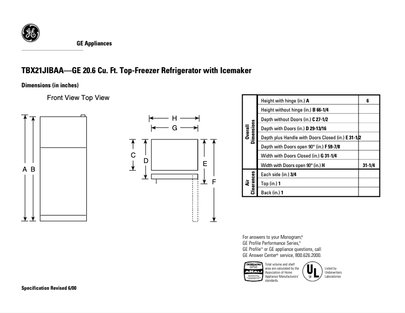 Página 1 del manual Ficha técnica GE TBX21JIBAA