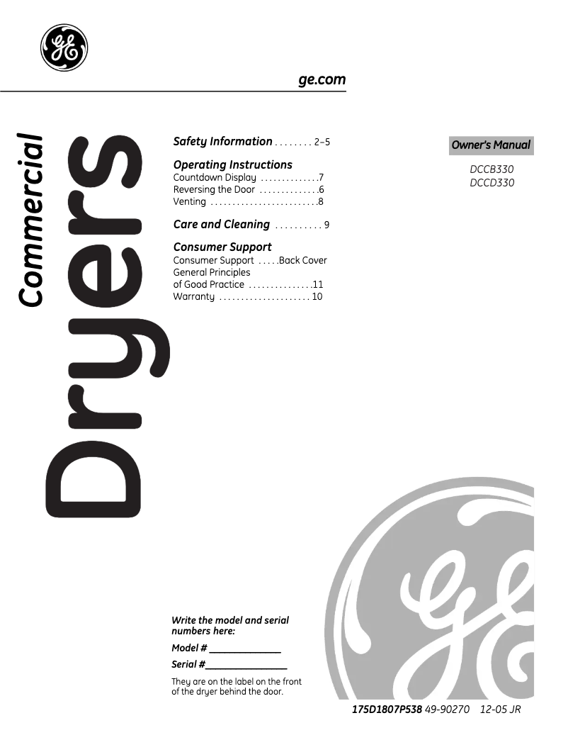 Page n°1 - Manuel d'utilisation et d'entretien GE DCCB330EDWC