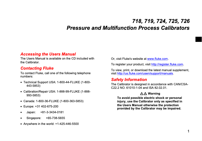 Page 1 de la notice Instructions de sécurité Fluke 726