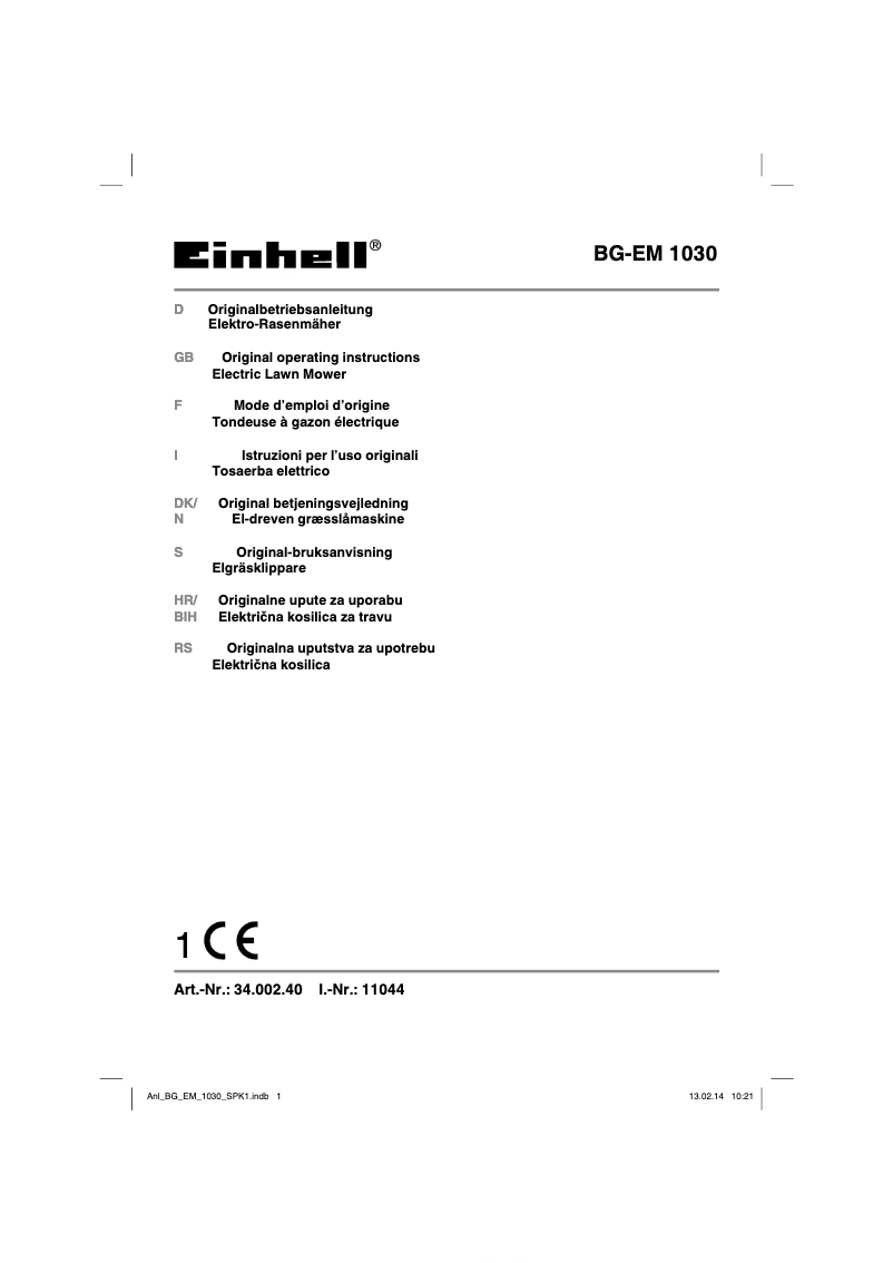Page 1 de la notice Manuel utilisateur Einhell GC-EM 1030/1