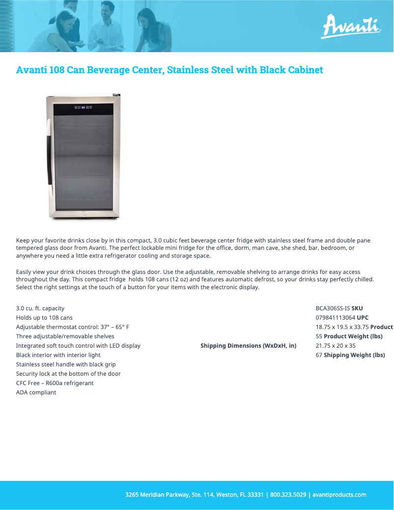 Page 1 de la notice Fiche technique Avanti BCA306SS-IS