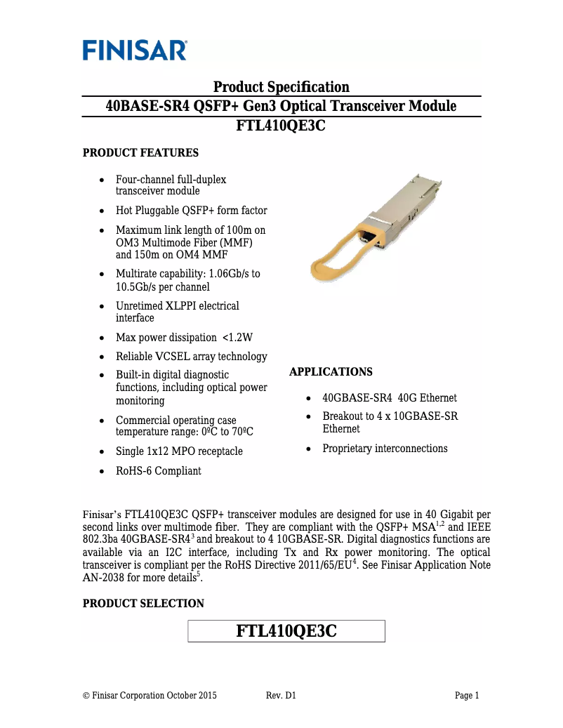 Page n°1 - Manuel utilisateur Finisar FTL410QE3C