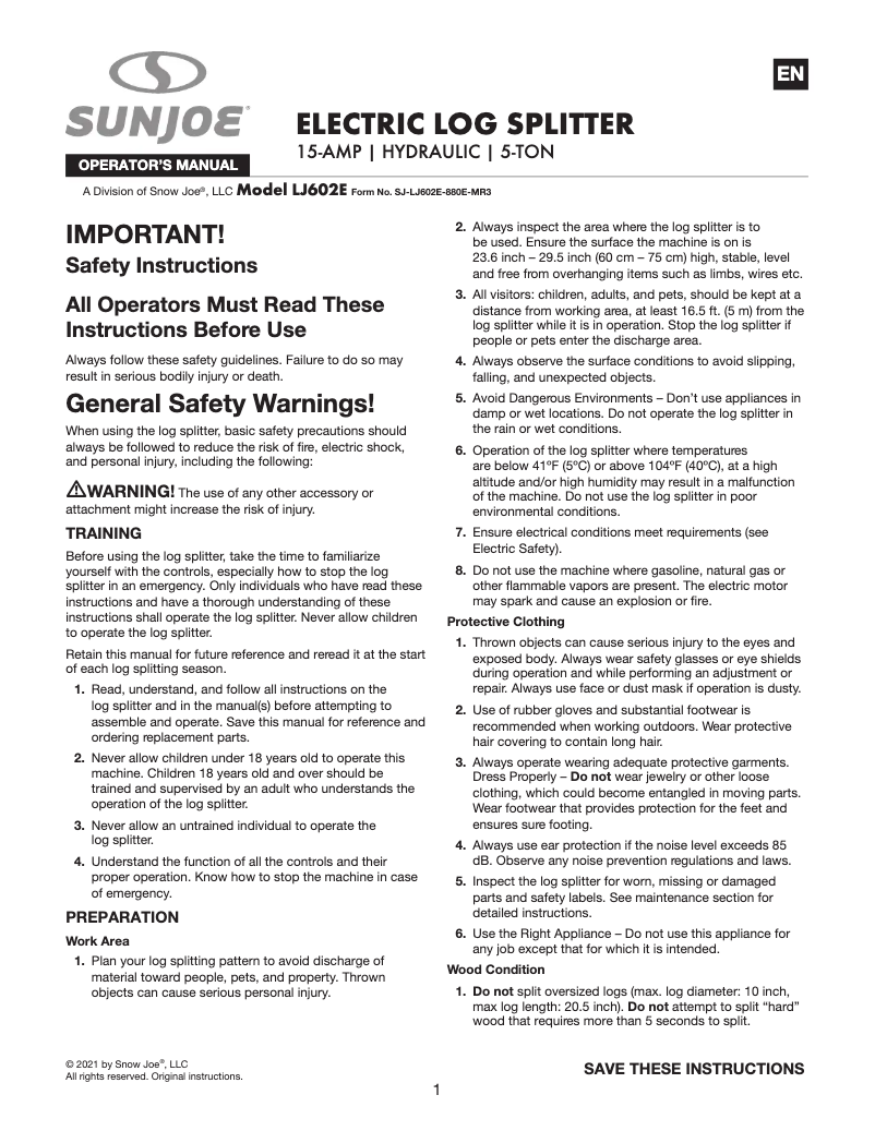 Page n°1 - Manuel utilisateur Sun Joe LJ602E