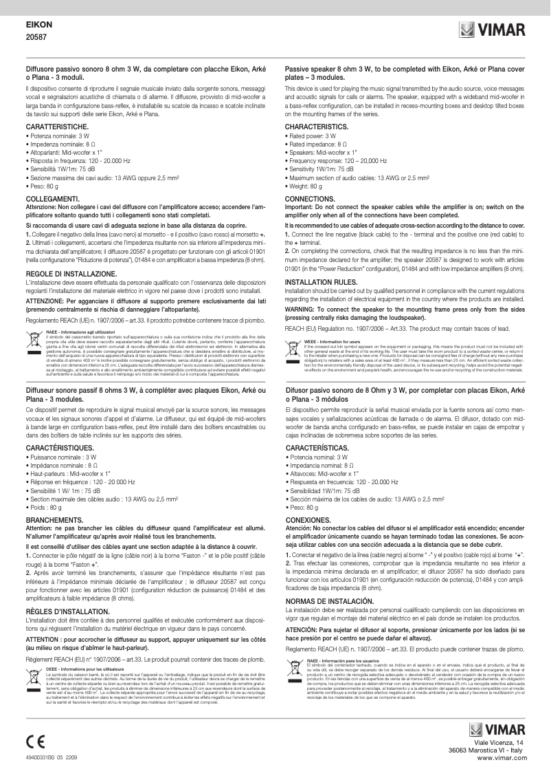 Page 1 de la notice Manuel utilisateur Vimar 20587