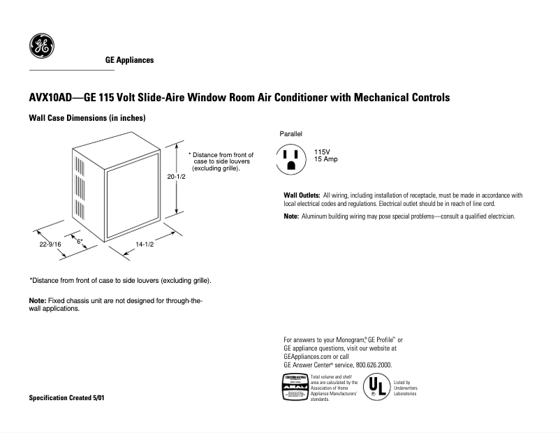 Page 1 de la notice Fiche technique GE AVX10AD