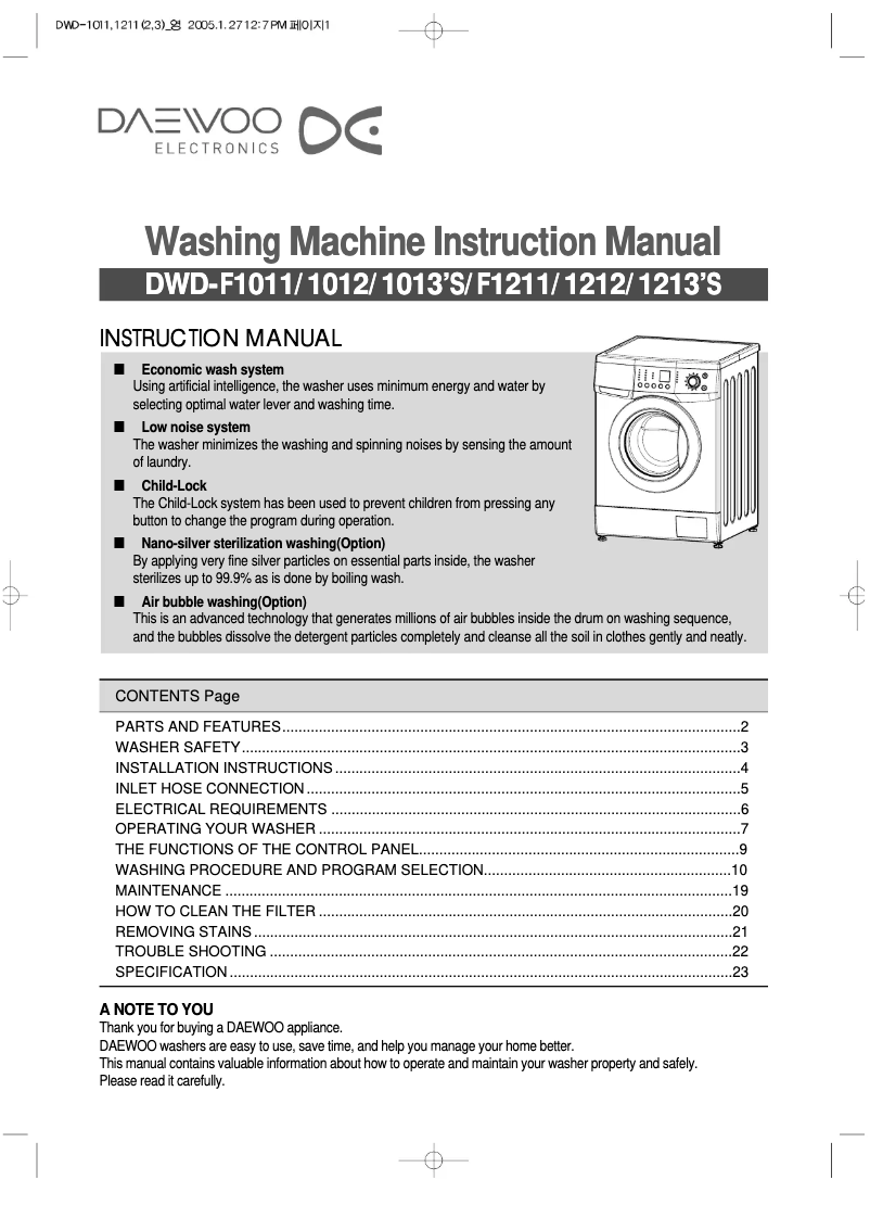 Page n°1 - Manuel utilisateur Daewoo DWD-F1213