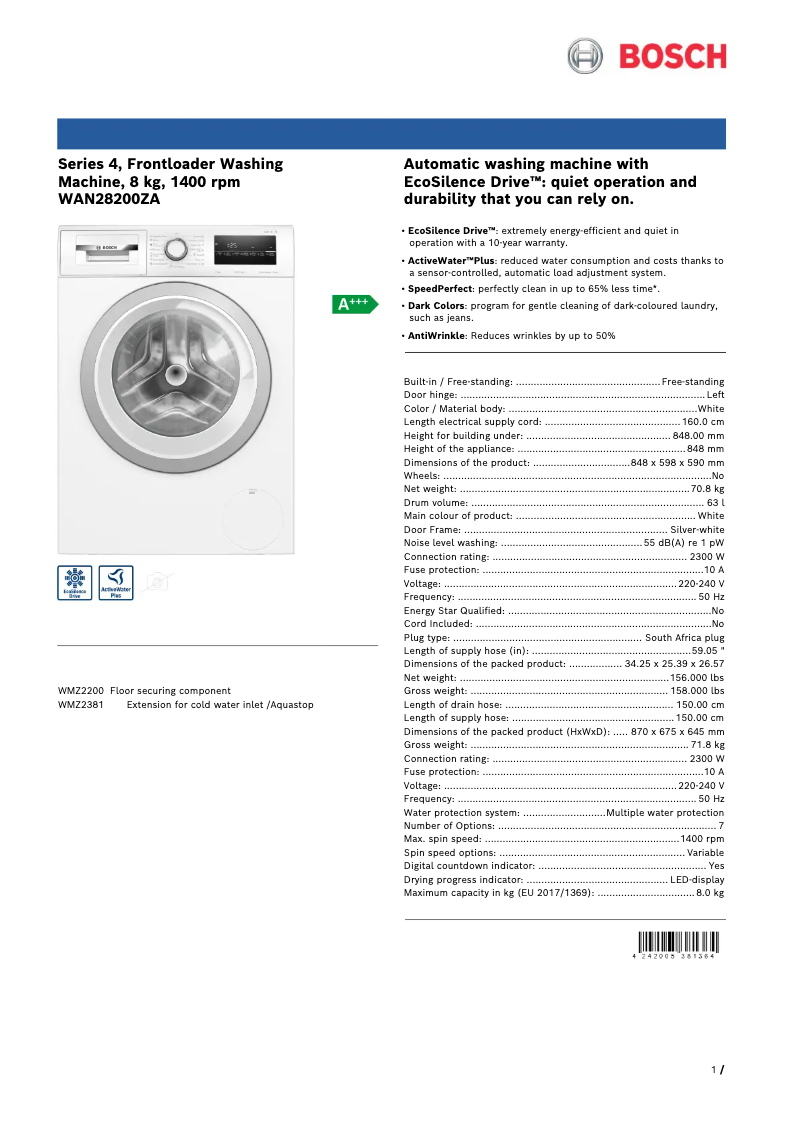 Page n°1 - Fiche technique Bosch WAN28200ZA