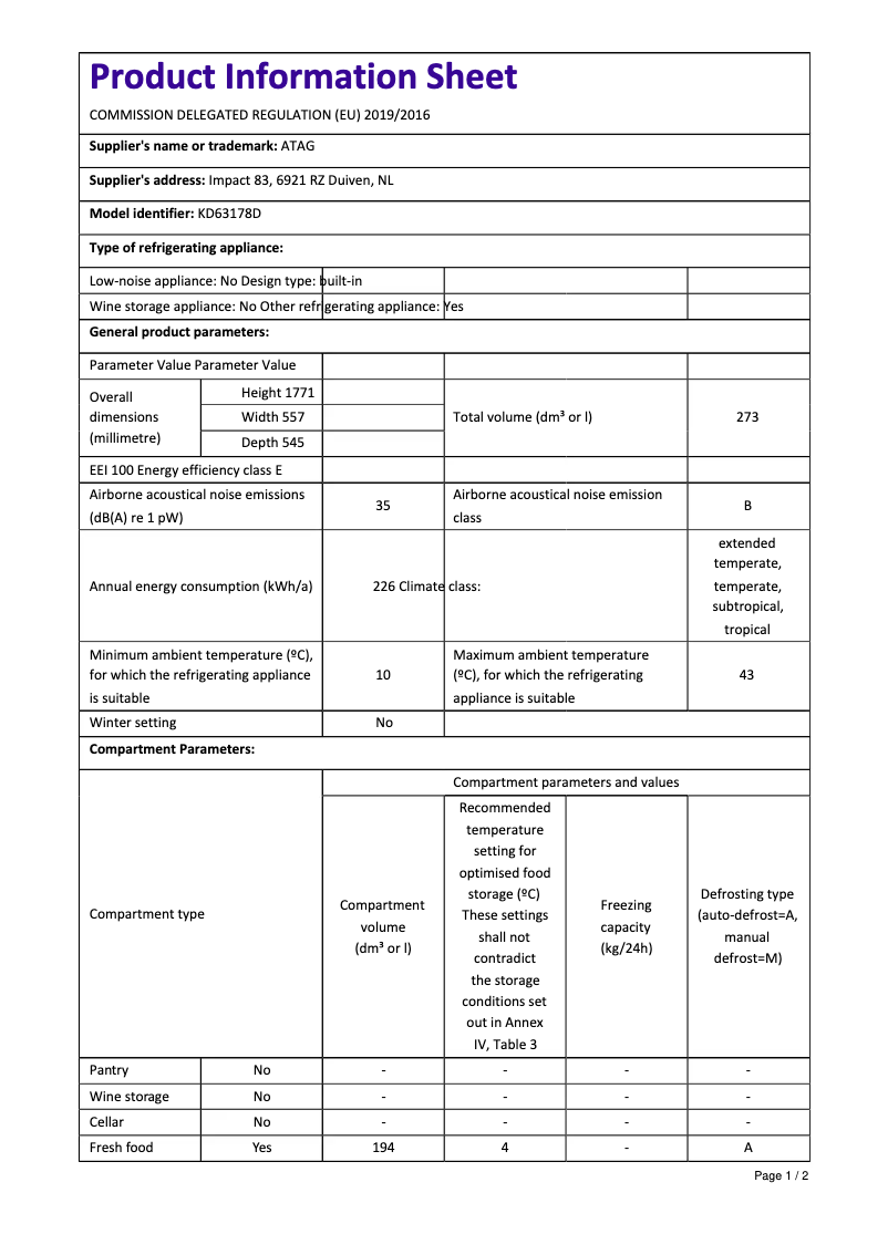 Page 1 de la notice Fiche technique Atag KD63178D