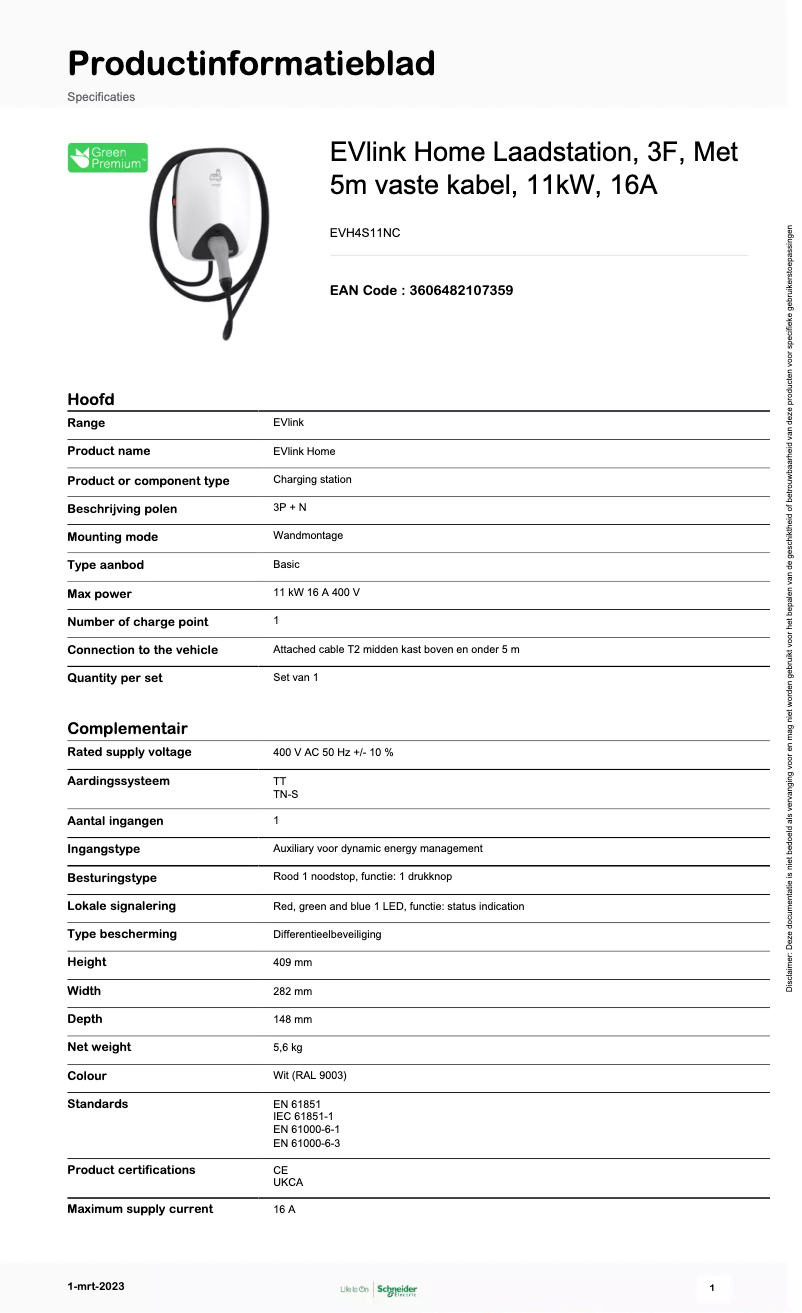 Page 1 de la notice Fiche technique Schneider EVH4S11NC
