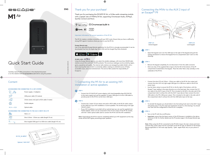 Page 1 de la notice Guide de démarrage rapide Escape M1 Air