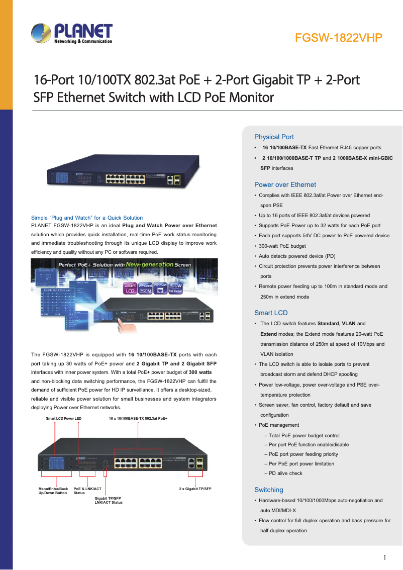 Page 1 de la notice Fiche technique Planet FGSW-1822VHP